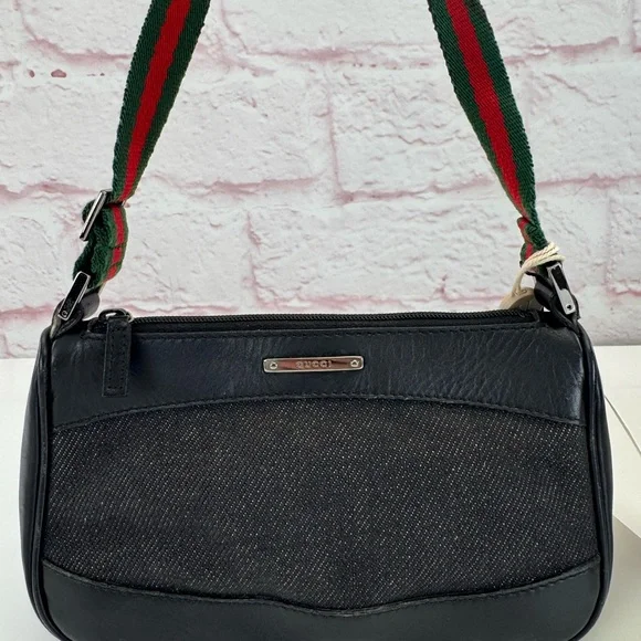 Rare Gucci Black Denim Web Vintage Baguette Bag - Picture 2 of 12